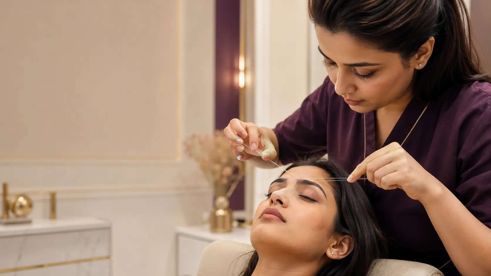 Aesthetician shaping eyebrows with thread