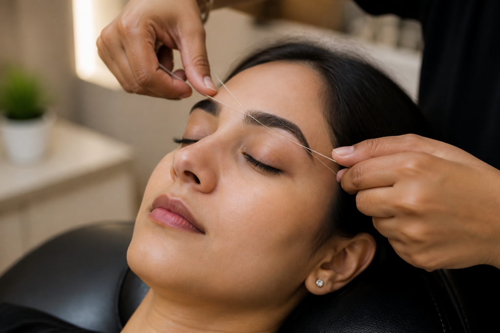 Client receiving eyebrow threading at a Mississauga beauty salon