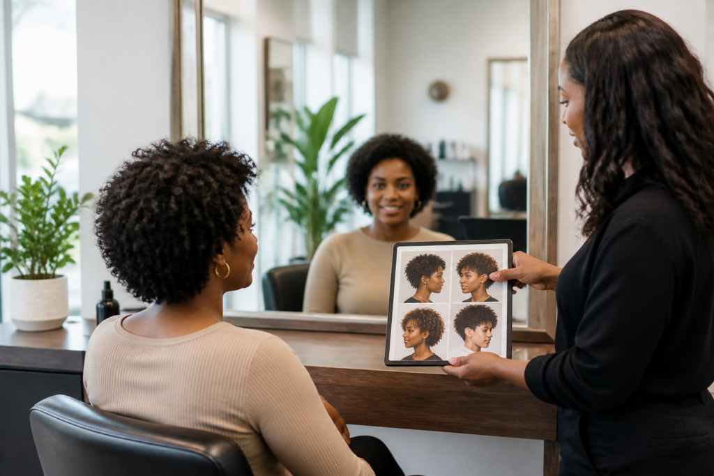 Client discussing haircut options with a hairstylist during a consultation