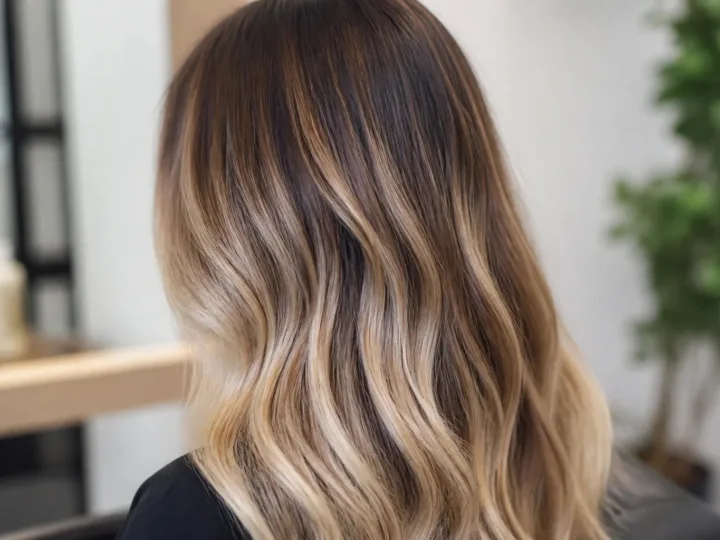 Close view of long hair showing softly blended balayage and dimensional lighter highlighted strands.