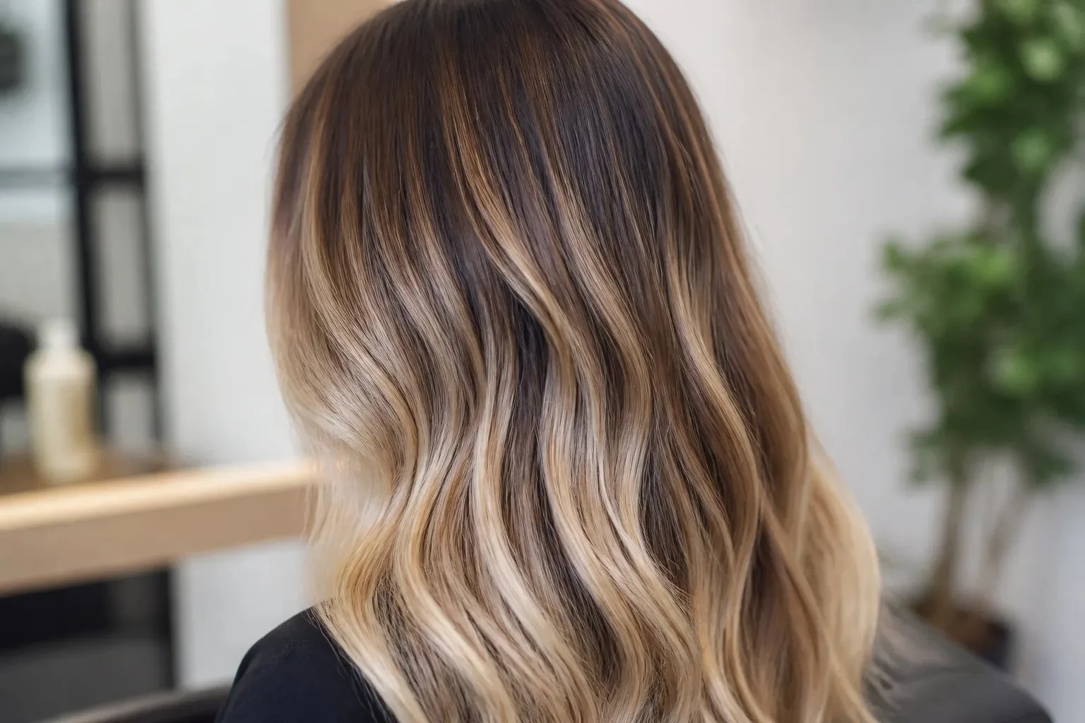 Close view of long hair showing softly blended balayage and dimensional lighter highlighted strands.