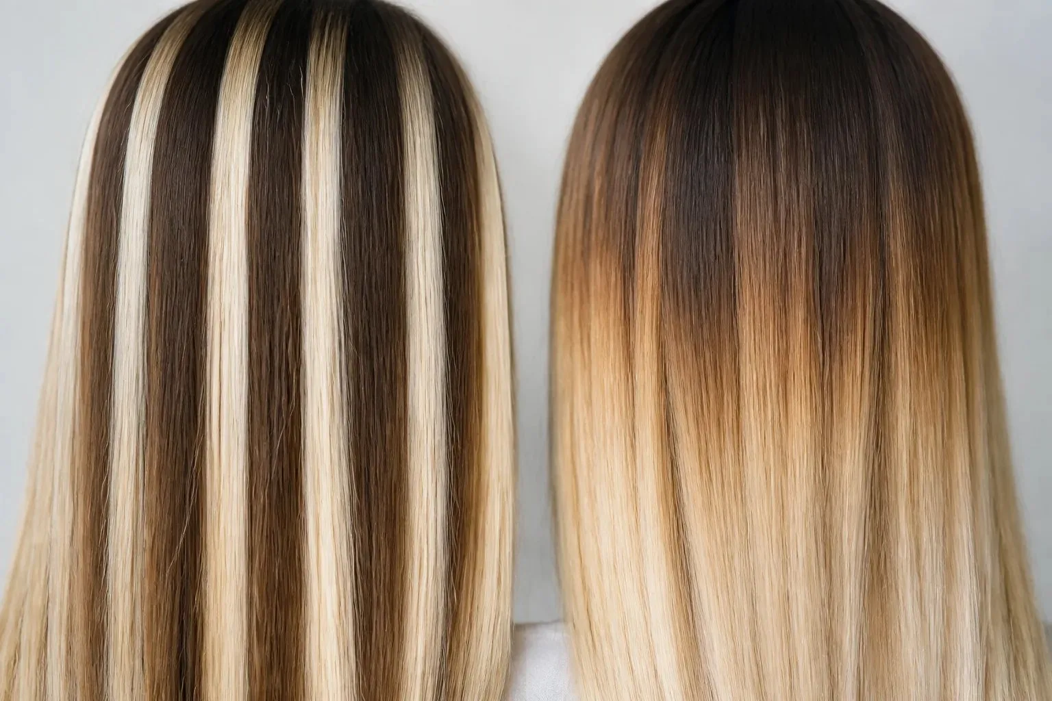 Side-by-side hair sections showing defined repeated highlights and a softer balayage transition from darker roots to lighter ends.