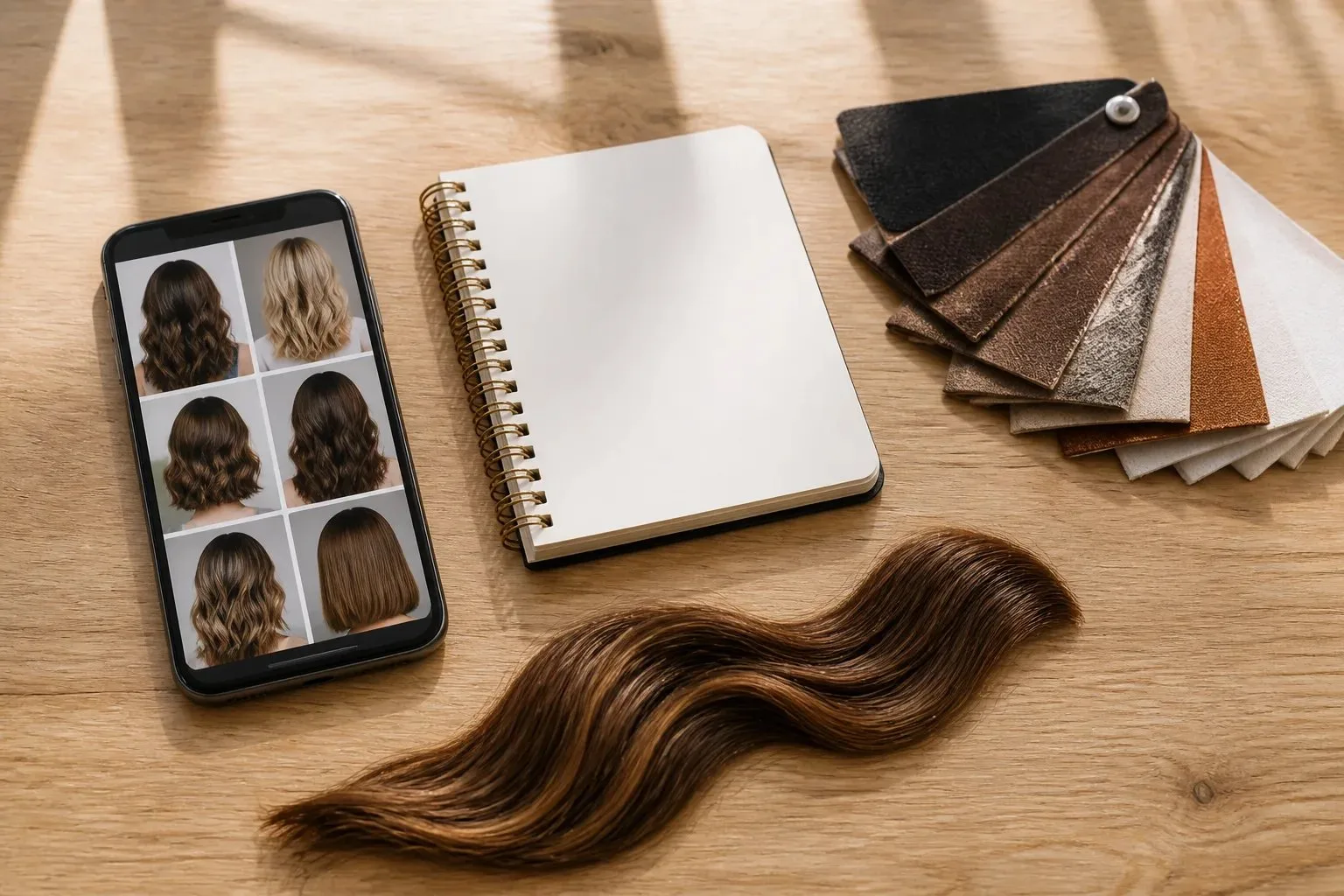 Hair colour consultation materials including unlabelled swatches, inspiration images on a phone, and a blank notebook on a table.