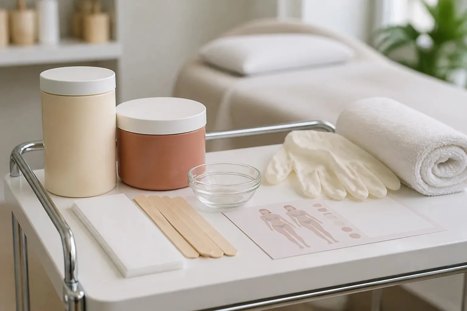 Unbranded hair-removal supplies arranged on a clean trolley for a consultation about different treatment options.