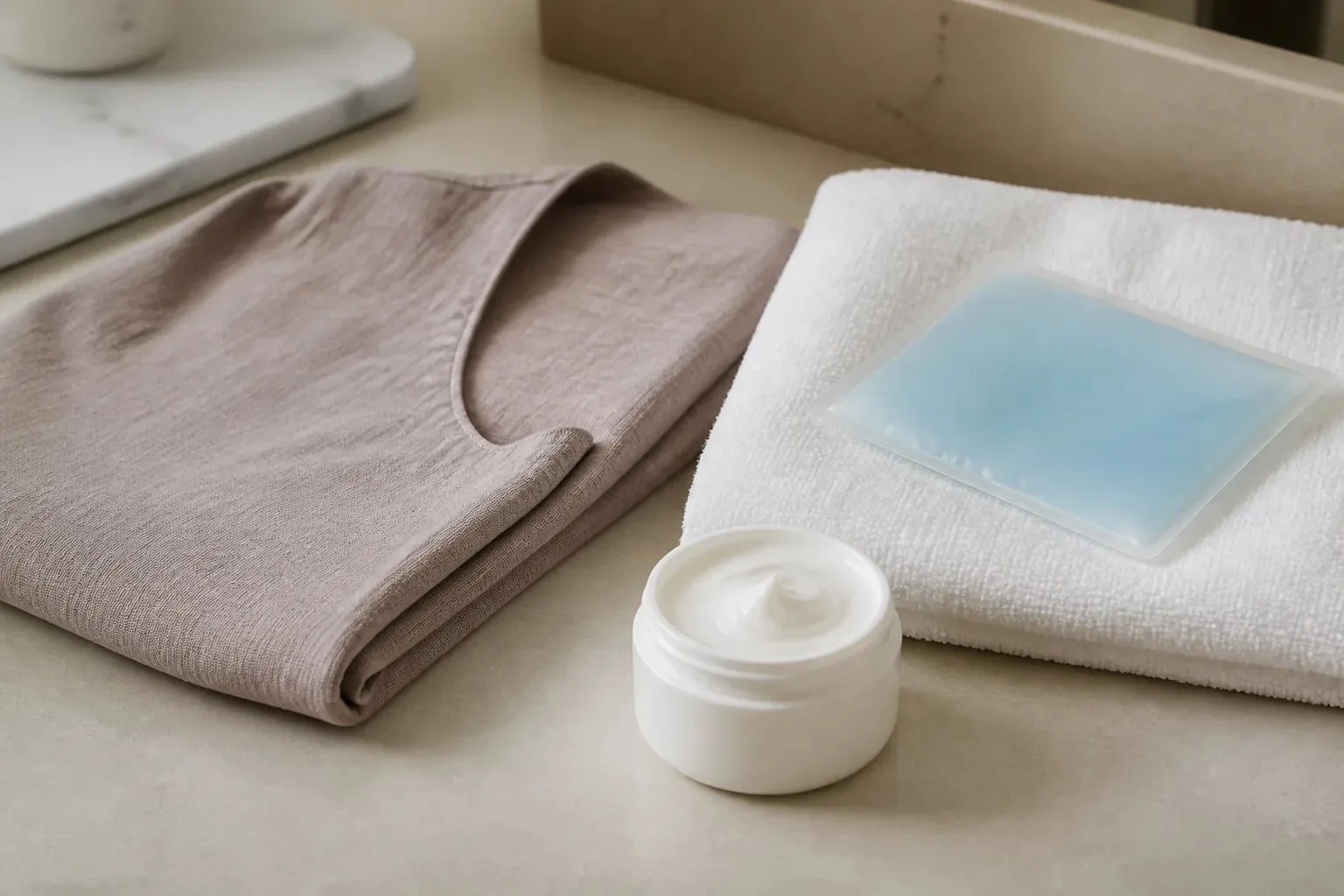 Cool compress, soft towel, loose clothing, and plain moisturizer arranged for simple post-waxing care.