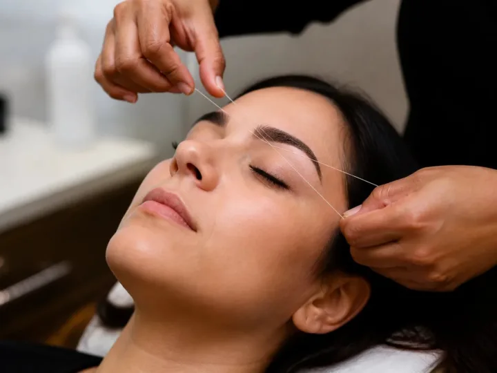 Close-up of eyebrow threading using a twisted cotton thread near a clean brow line.