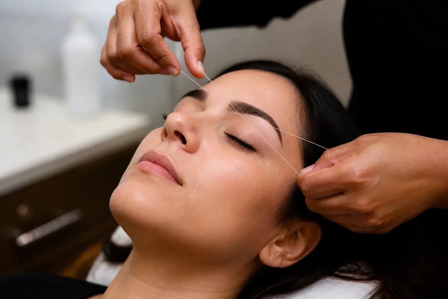 Close-up of eyebrow threading using a twisted cotton thread near a clean brow line.