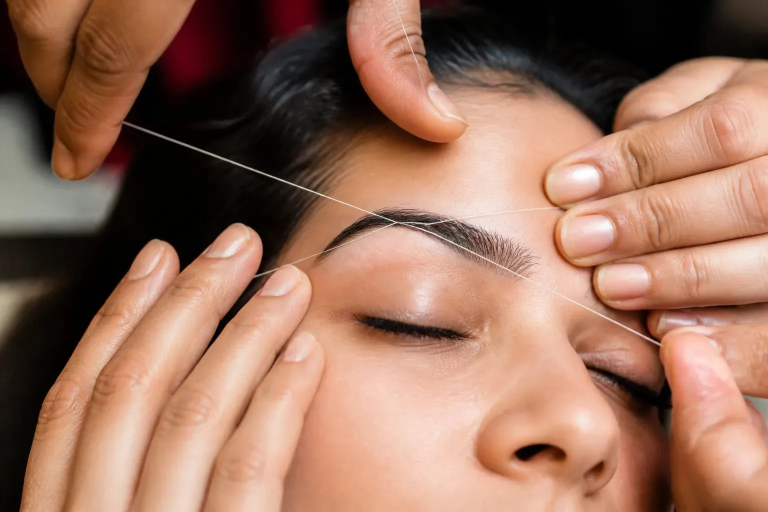 Fine cotton thread positioned over an eyebrow while the surrounding skin is held gently taut.