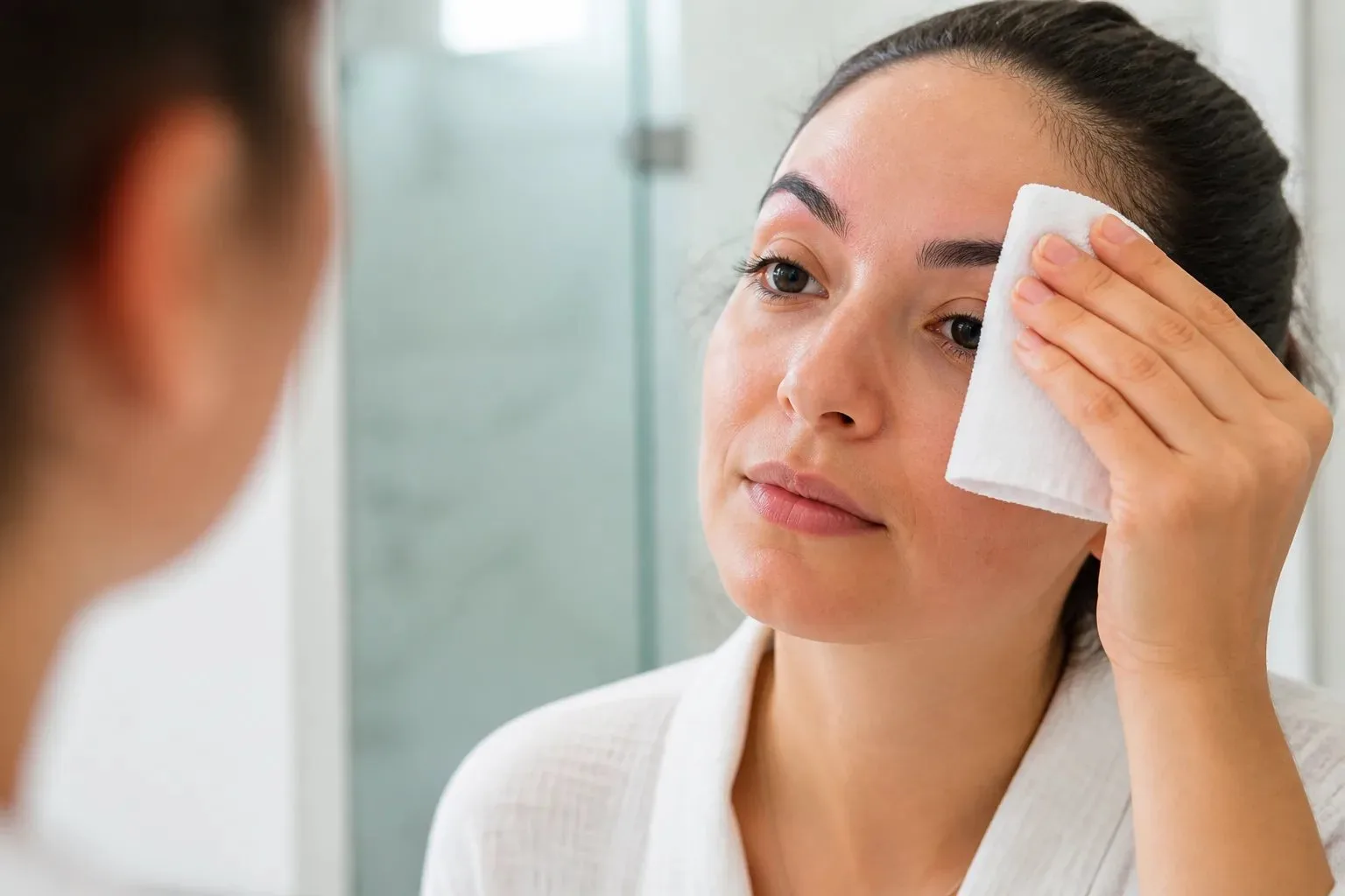Person holding a clean cool compress against the eyebrow area after facial threading.
