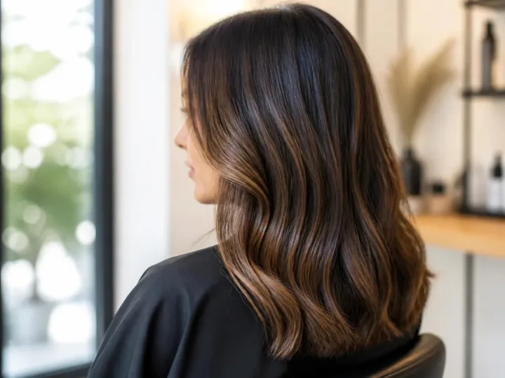 Glossy dimensional brunette hair with soft caramel highlights shown in natural light