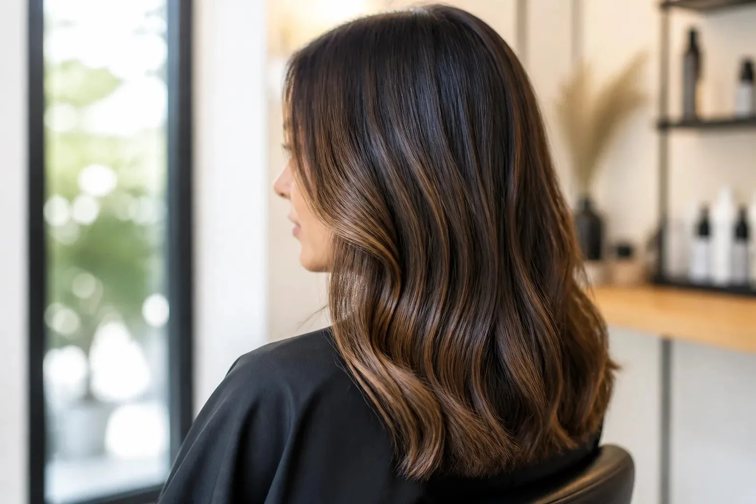 Glossy dimensional brunette hair with soft caramel highlights shown in natural light