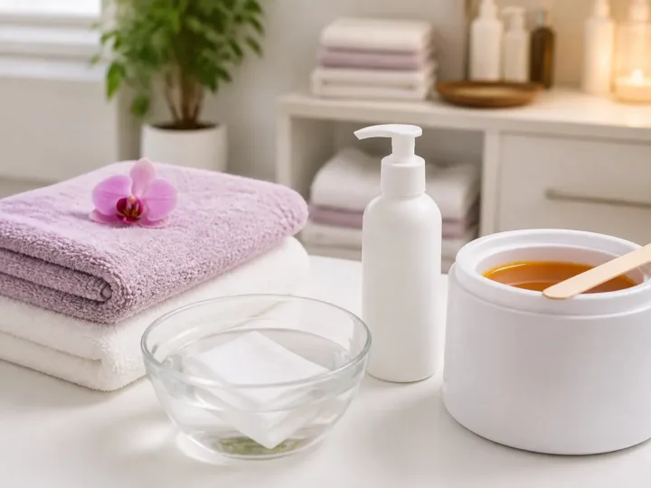 Clean salon counter with towels, a cool compress, simple moisturizer, and waxing supplies for hair removal preparation.