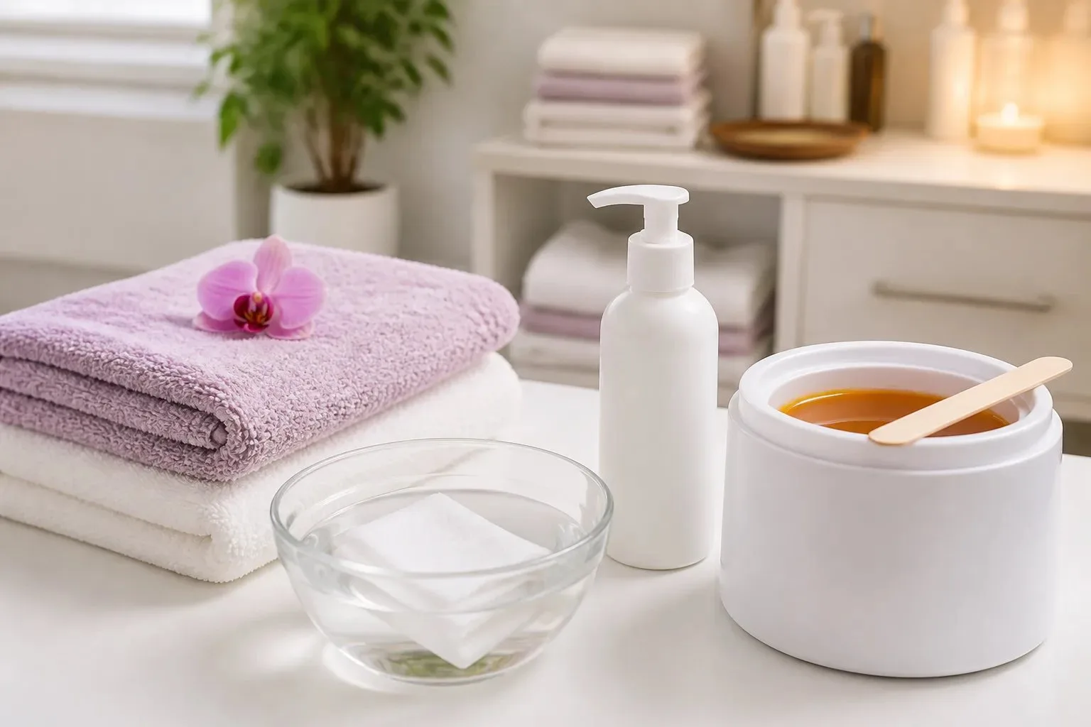 Clean salon counter with towels, a cool compress, simple moisturizer, and waxing supplies for hair removal preparation.