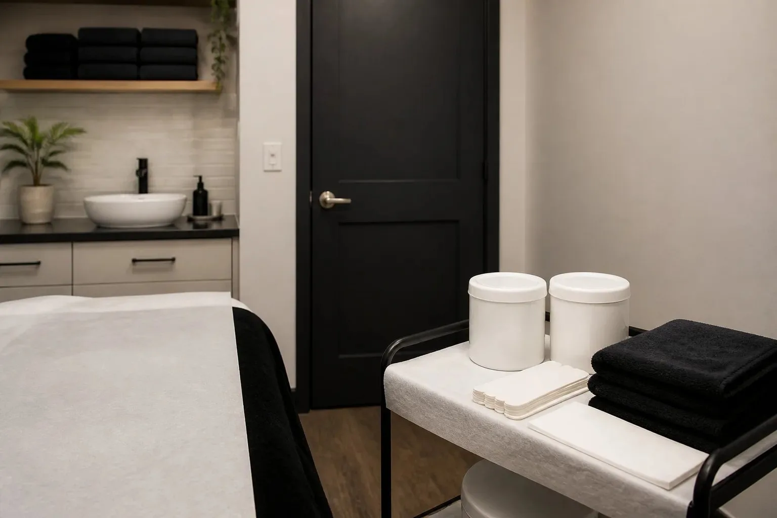 Organized private salon treatment room with clean hair-removal supplies and folded towels.