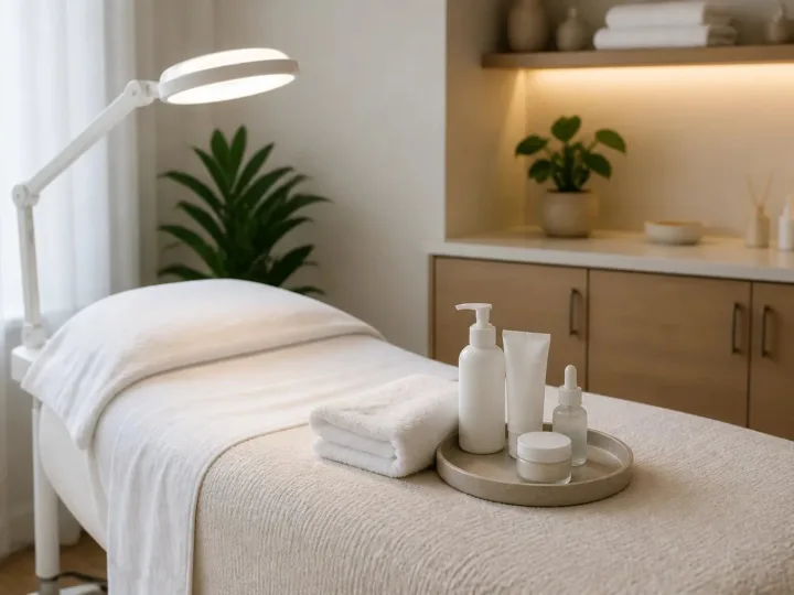 Clean private facial treatment room with a prepared treatment bed, folded towels, and unlabelled skincare containers.
