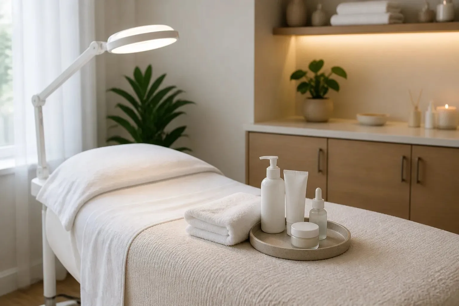 Clean private facial treatment room with a prepared treatment bed, folded towels, and unlabelled skincare containers.