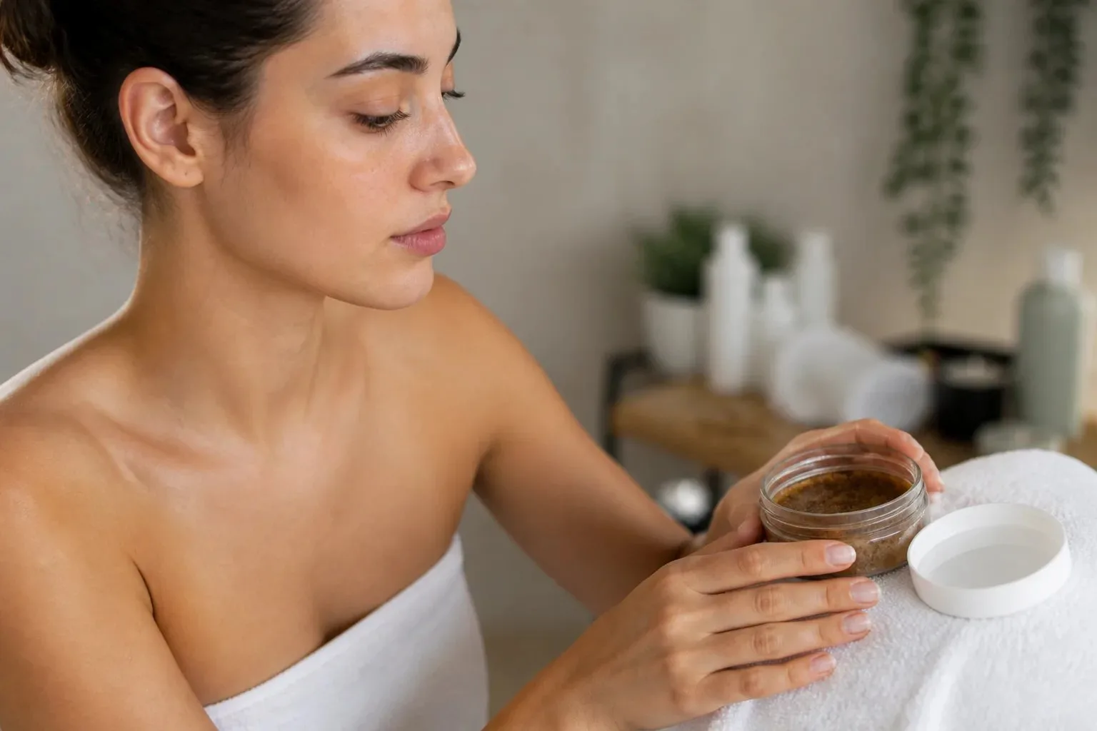 Anonymous adult with clean bare facial skin setting aside an exfoliating scrub before a cosmetic facial.