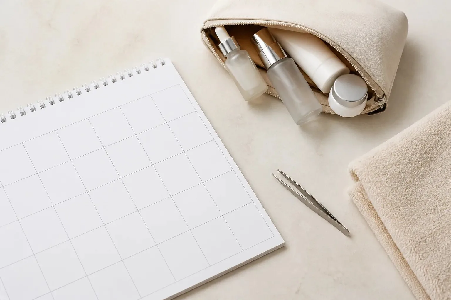 Blank calendar beside a skincare pouch, tweezers, and folded towel for planning facial and hair-removal timing.