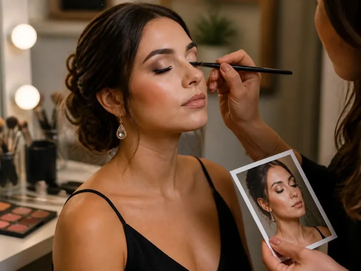 Makeup artist applying soft eye makeup for an evening event at an unbranded beauty station.
