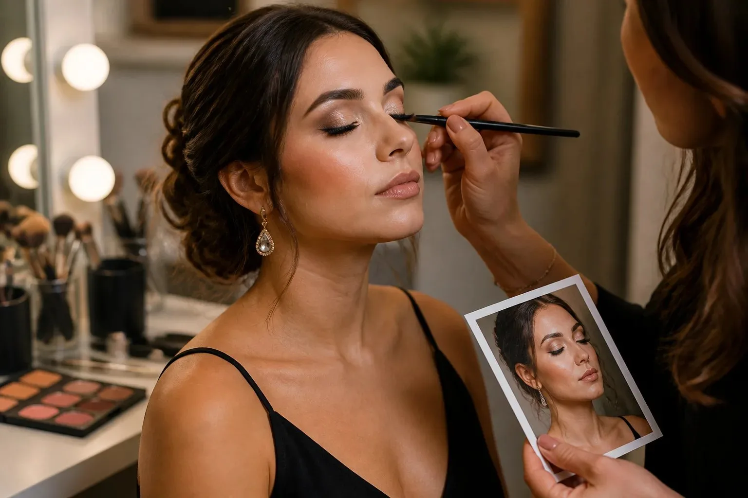 Makeup artist applying soft eye makeup for an evening event at an unbranded beauty station.