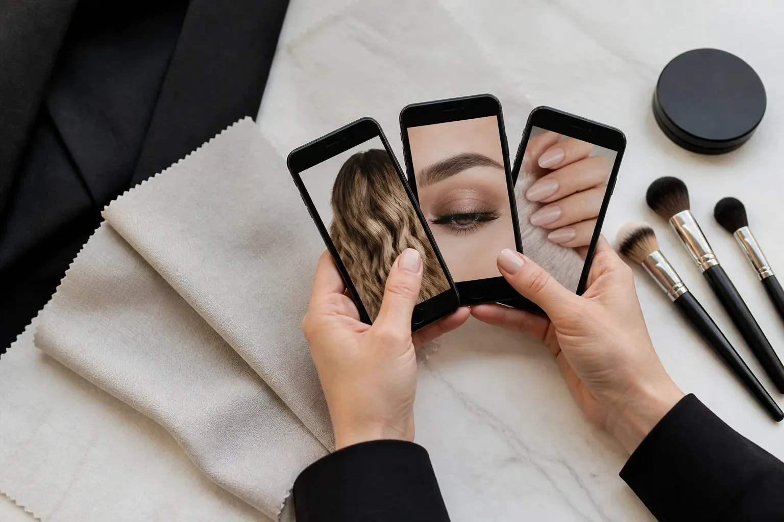 Hands comparing makeup inspiration images with a formal outfit fabric swatch and makeup brushes.