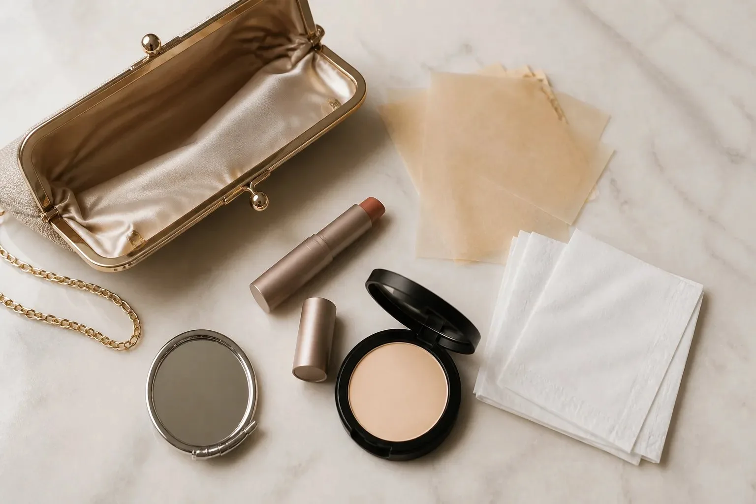 Small evening clutch with blotting papers, lip product, compact powder, tissues, and a mirror for makeup touch-ups.