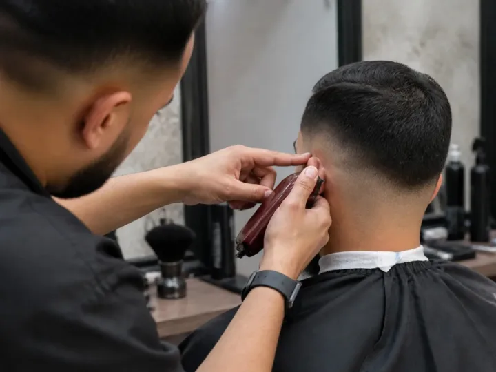 Barber using clippers to blend the side of an adult client's short fade haircut in an unbranded salon setting.