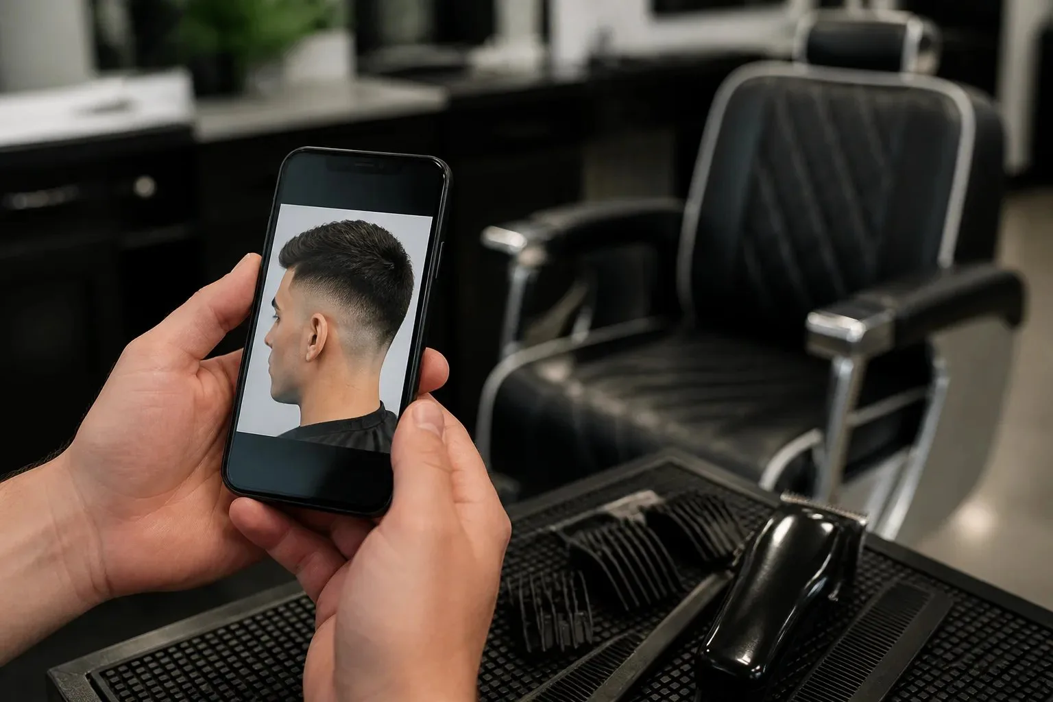 Smartphone showing a generic short fade reference image beside barber tools and a barber chair.