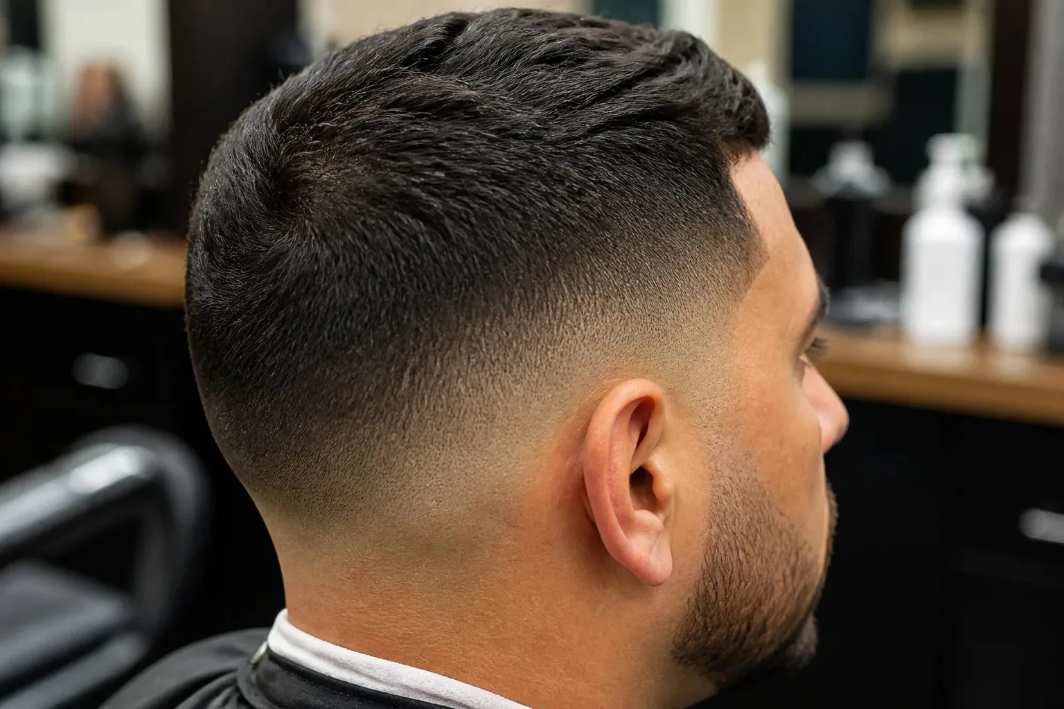 Side view of a short blended fade with a clean natural hairline edge.