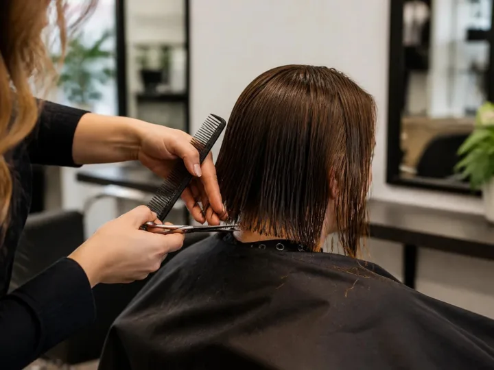 Stylist trimming and shaping an adult client's medium-length hair in an unbranded salon setting.