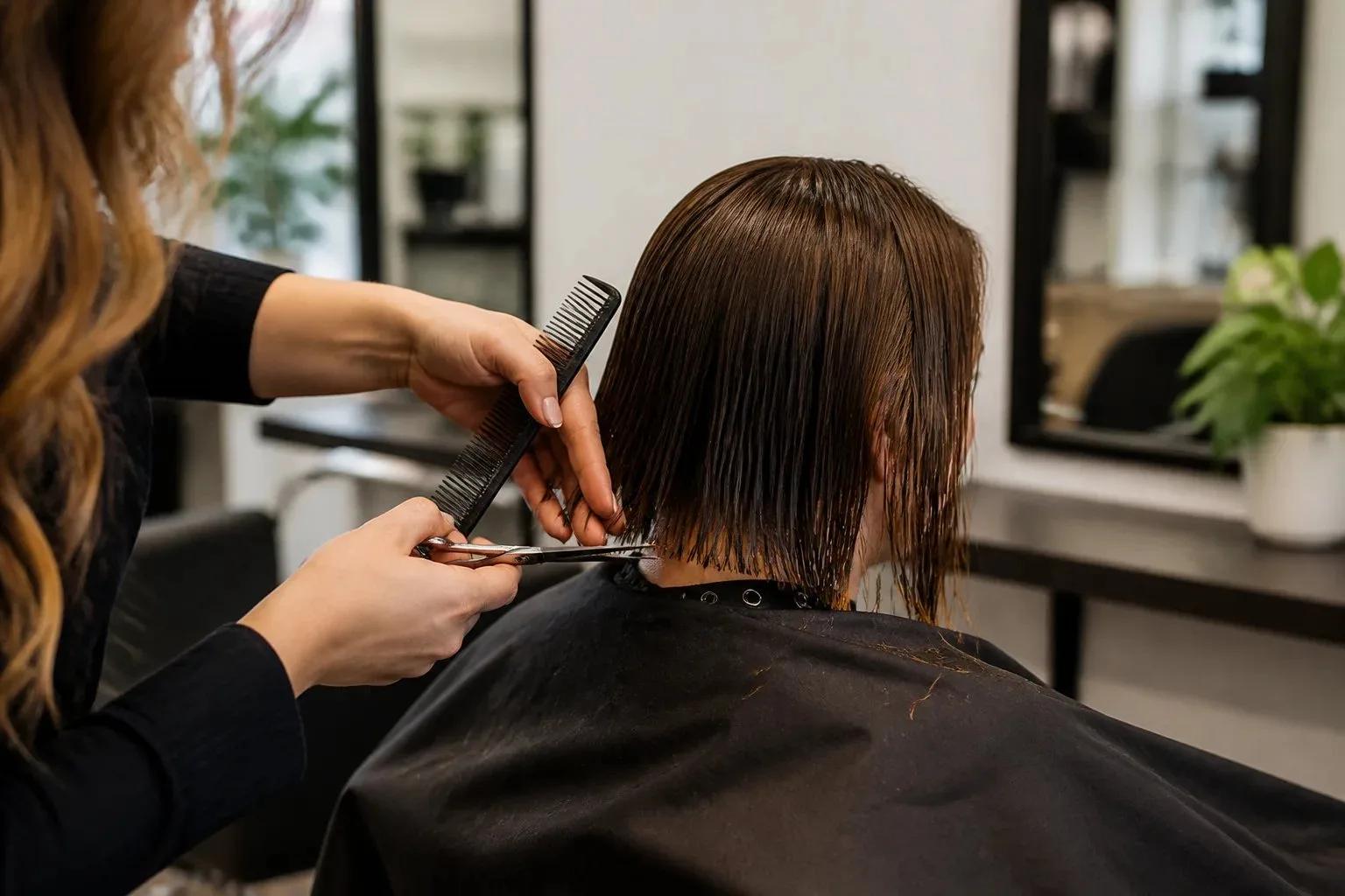 Stylist trimming and shaping an adult client's medium-length hair in an unbranded salon setting.
