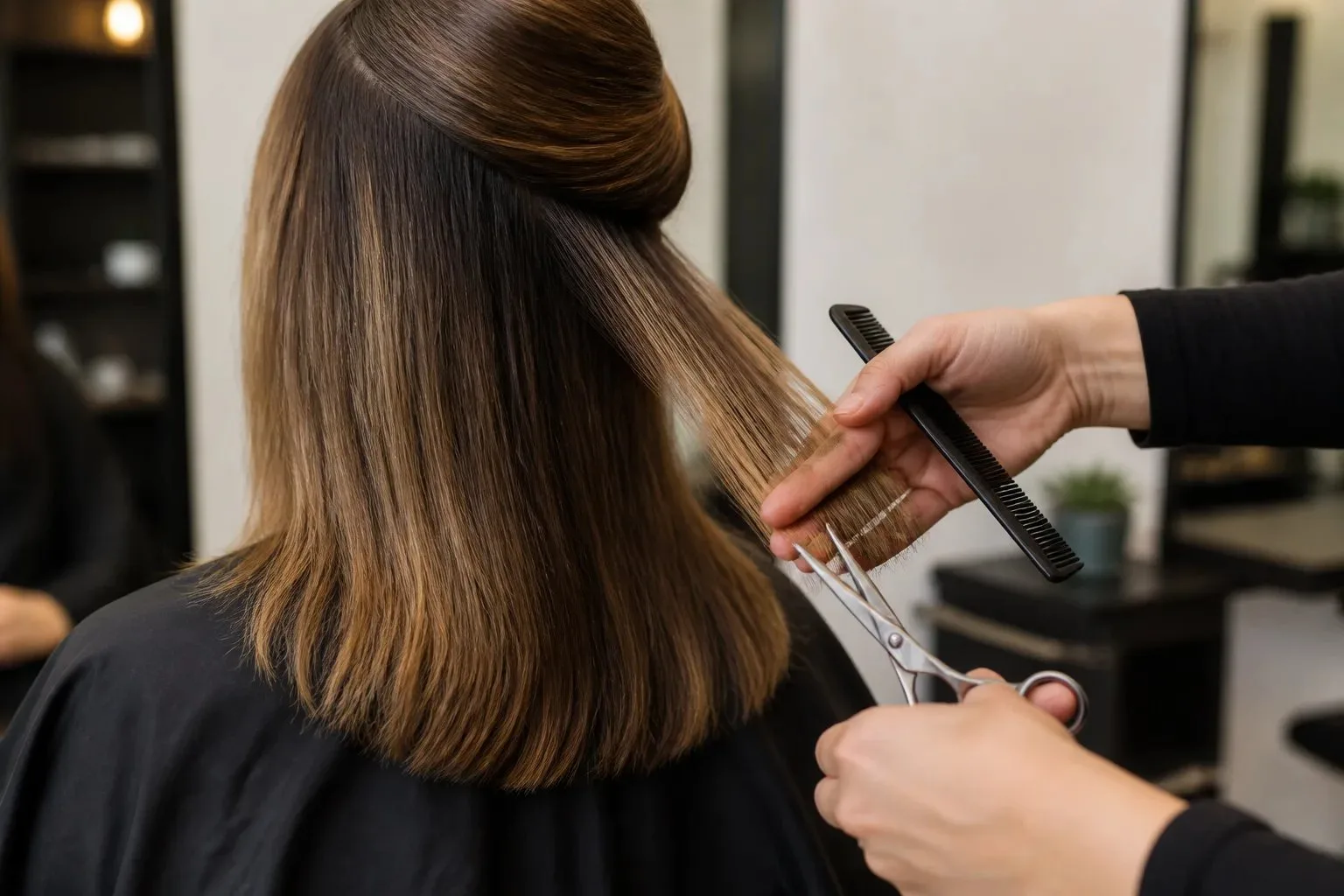 Close view of a stylist sectioning medium-length hair before refining its shape with scissors.