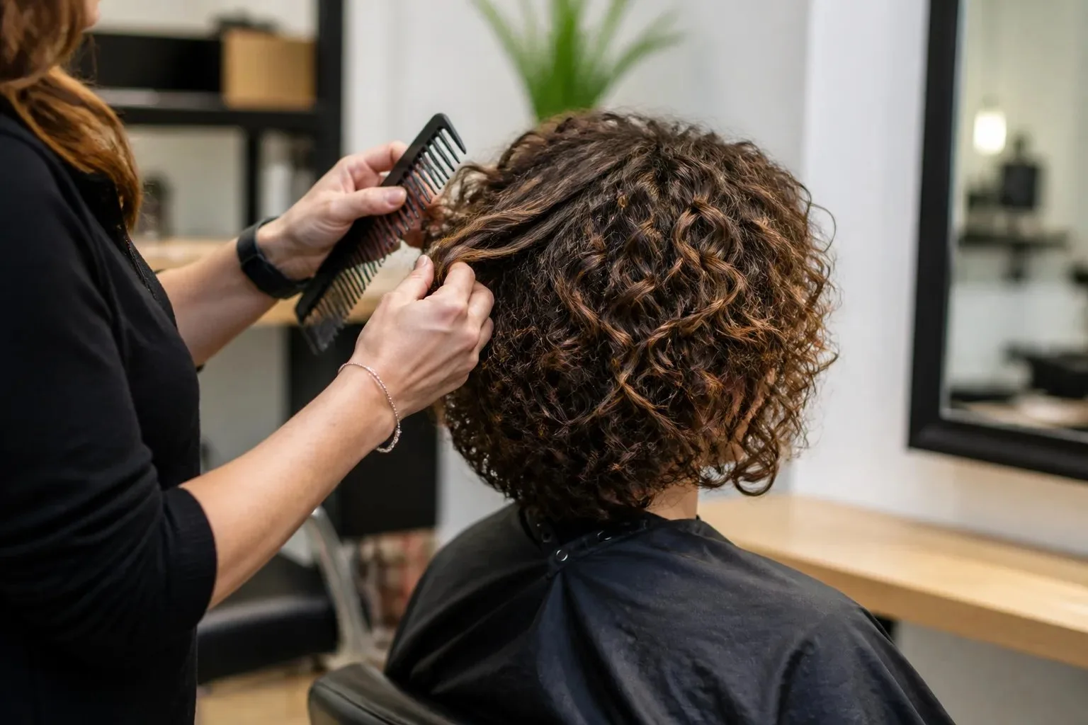Stylist shaping an adult client's natural curls with a wide-tooth comb in a salon.