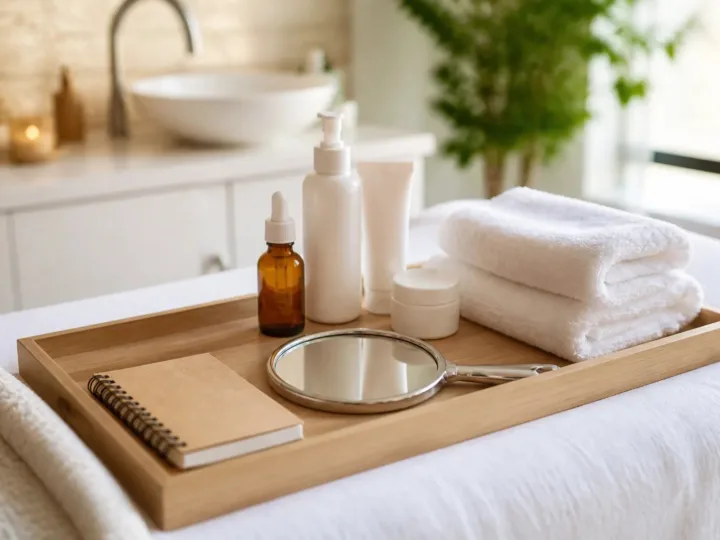 Unbranded facial consultation tray with skincare containers, towels, a handheld mirror, and a notepad in a calm treatment-room setting.