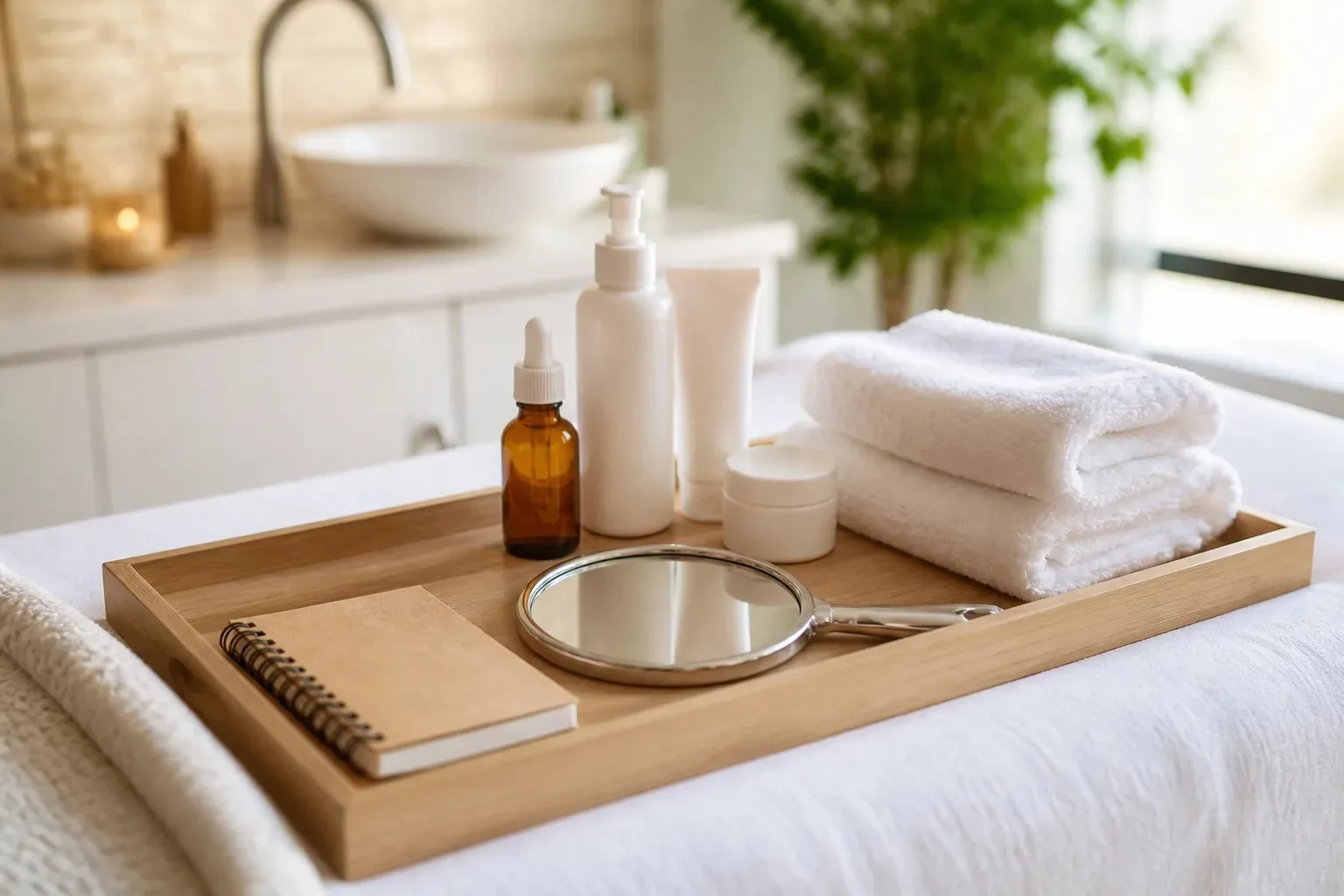 Unbranded facial consultation tray with skincare containers, towels, a handheld mirror, and a notepad in a calm treatment-room setting.