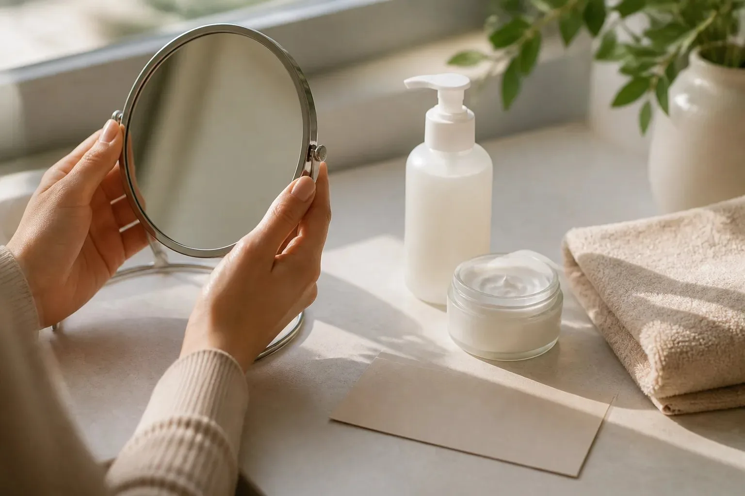Anonymous hands holding a handheld mirror beside unbranded cleanser, moisturizer, and a towel on a clean consultation counter.