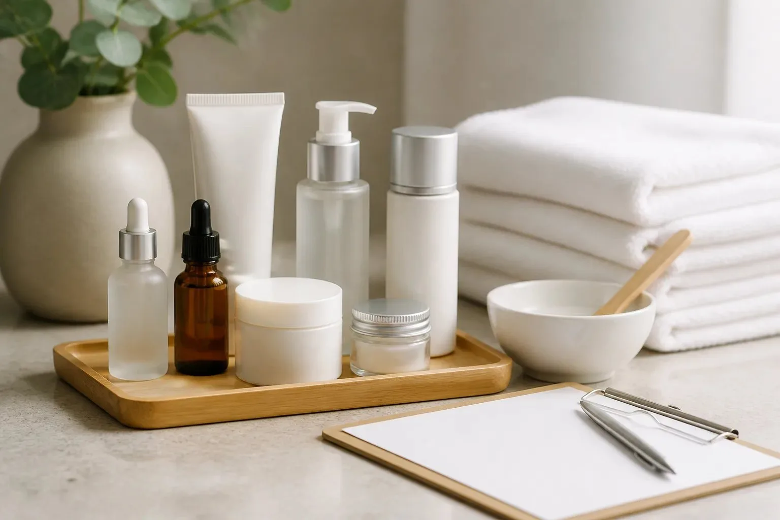 Unbranded facial product containers, towels, a bowl, and a blank consultation card arranged on a treatment counter.