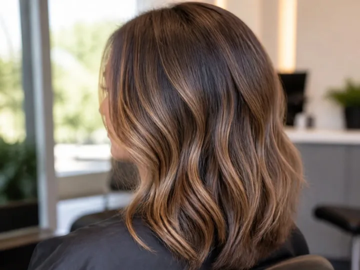 Dimensional brunette hair with softly blended caramel highlights shown in natural light.