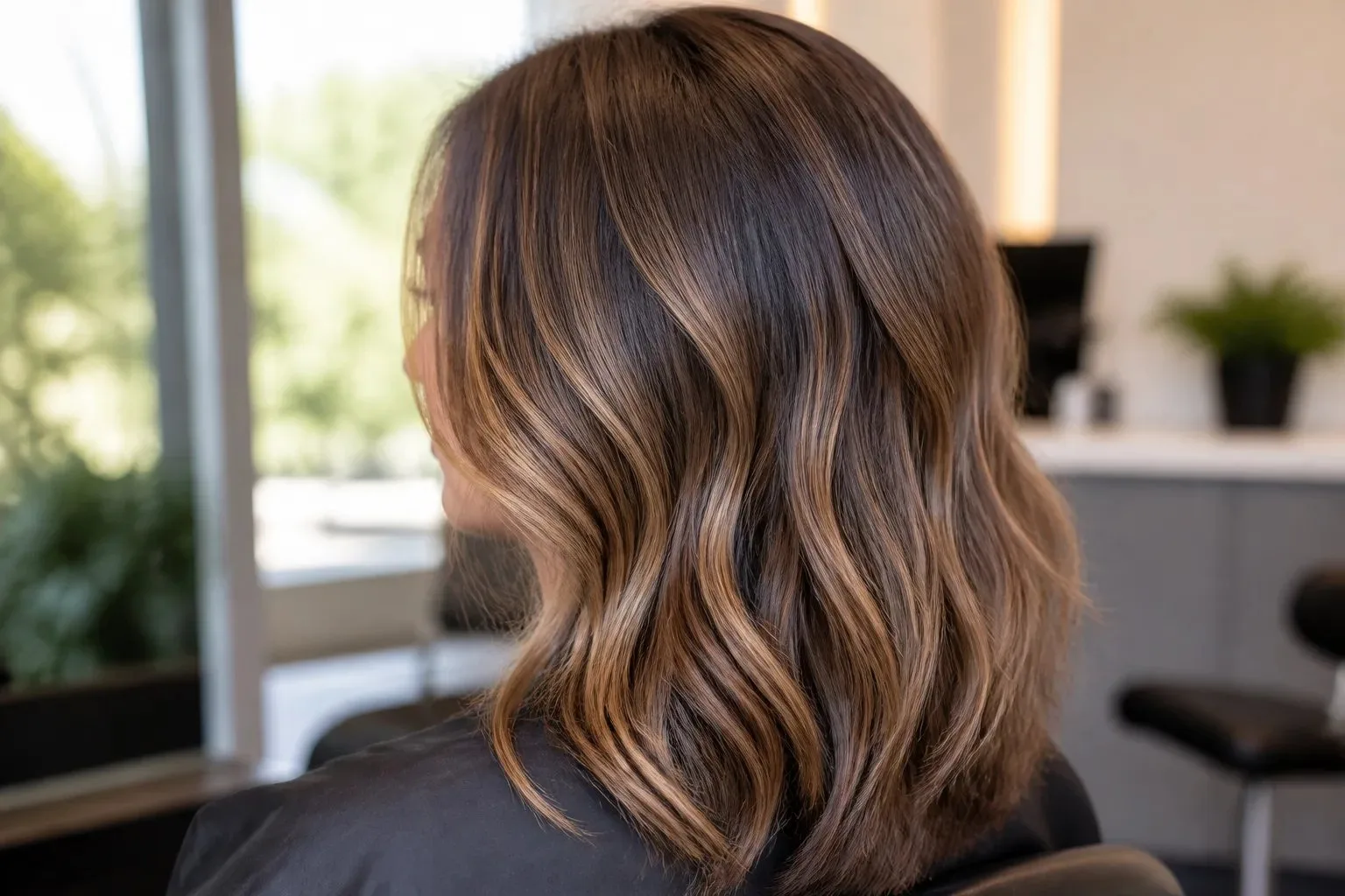 Dimensional brunette hair with softly blended caramel highlights shown in natural light.