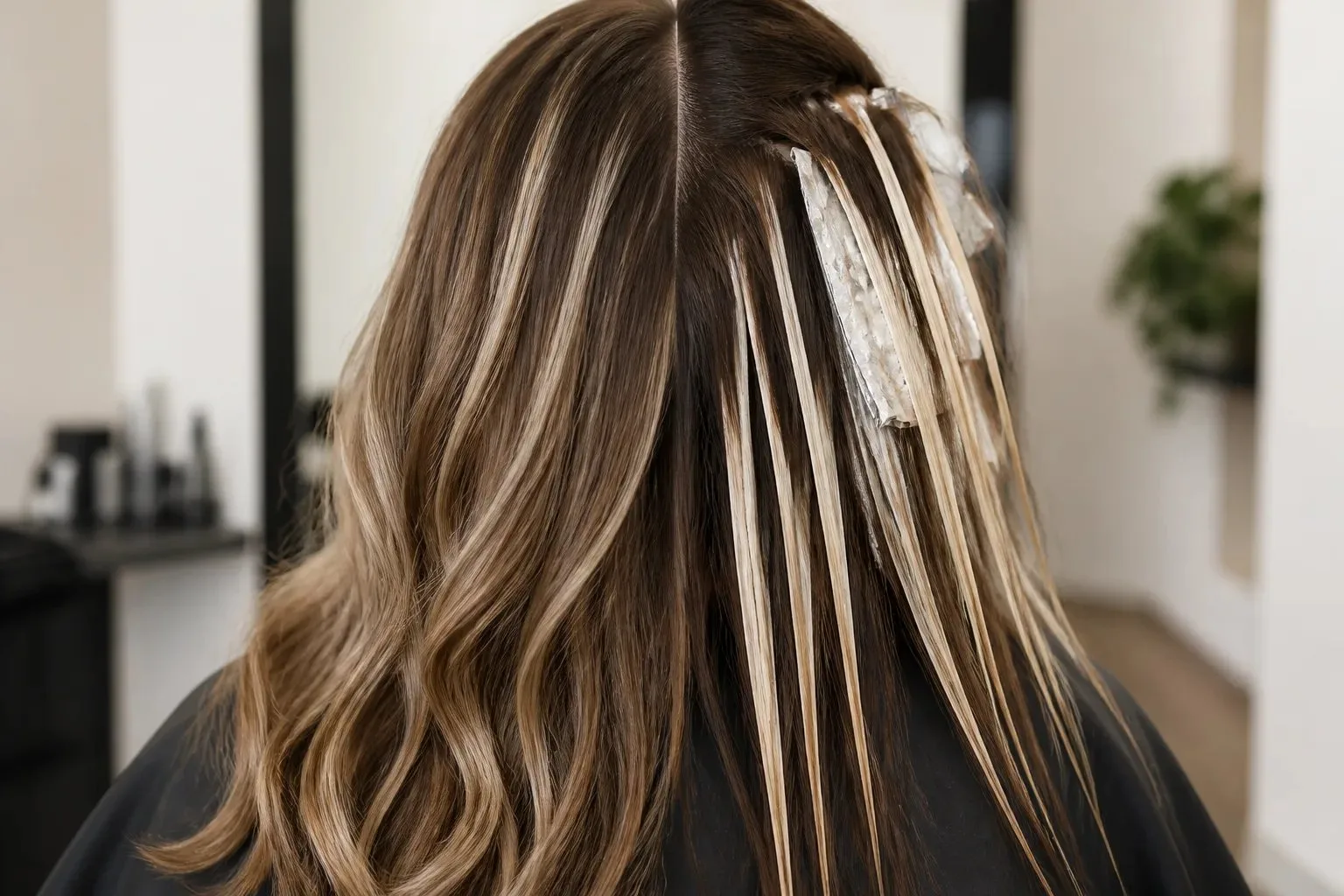 Close-up of brown hair showing softly blended painted lightness beside more defined fine highlighted strands.