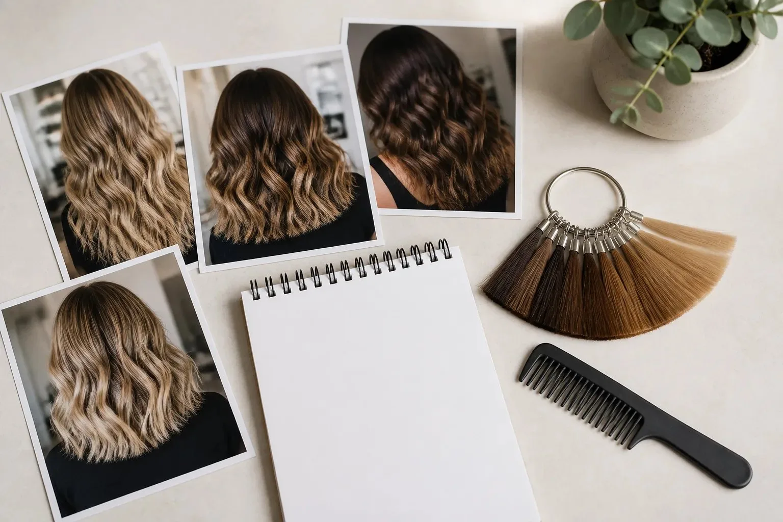 Hair consultation materials including inspiration photos, neutral colour swatches, a blank notepad, and a comb.