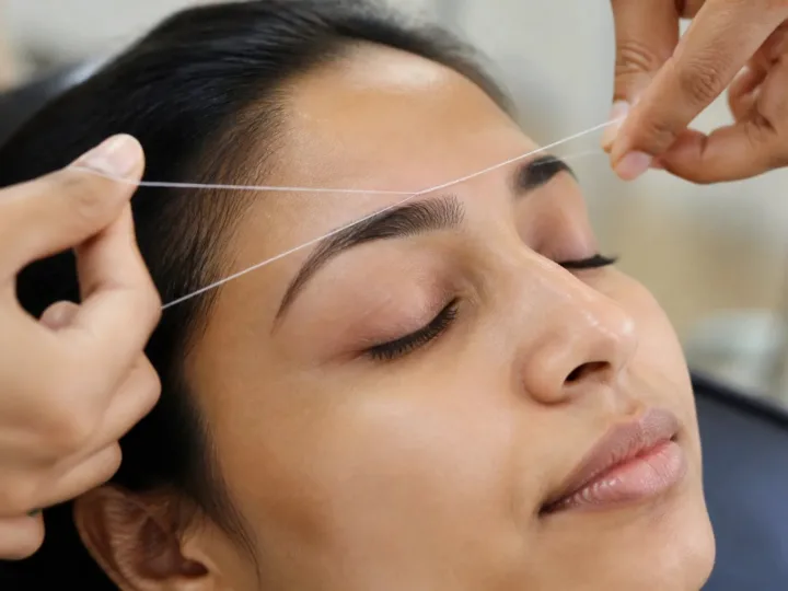 Close-up of eyebrow threading with twisted cotton thread shaping the brow line.