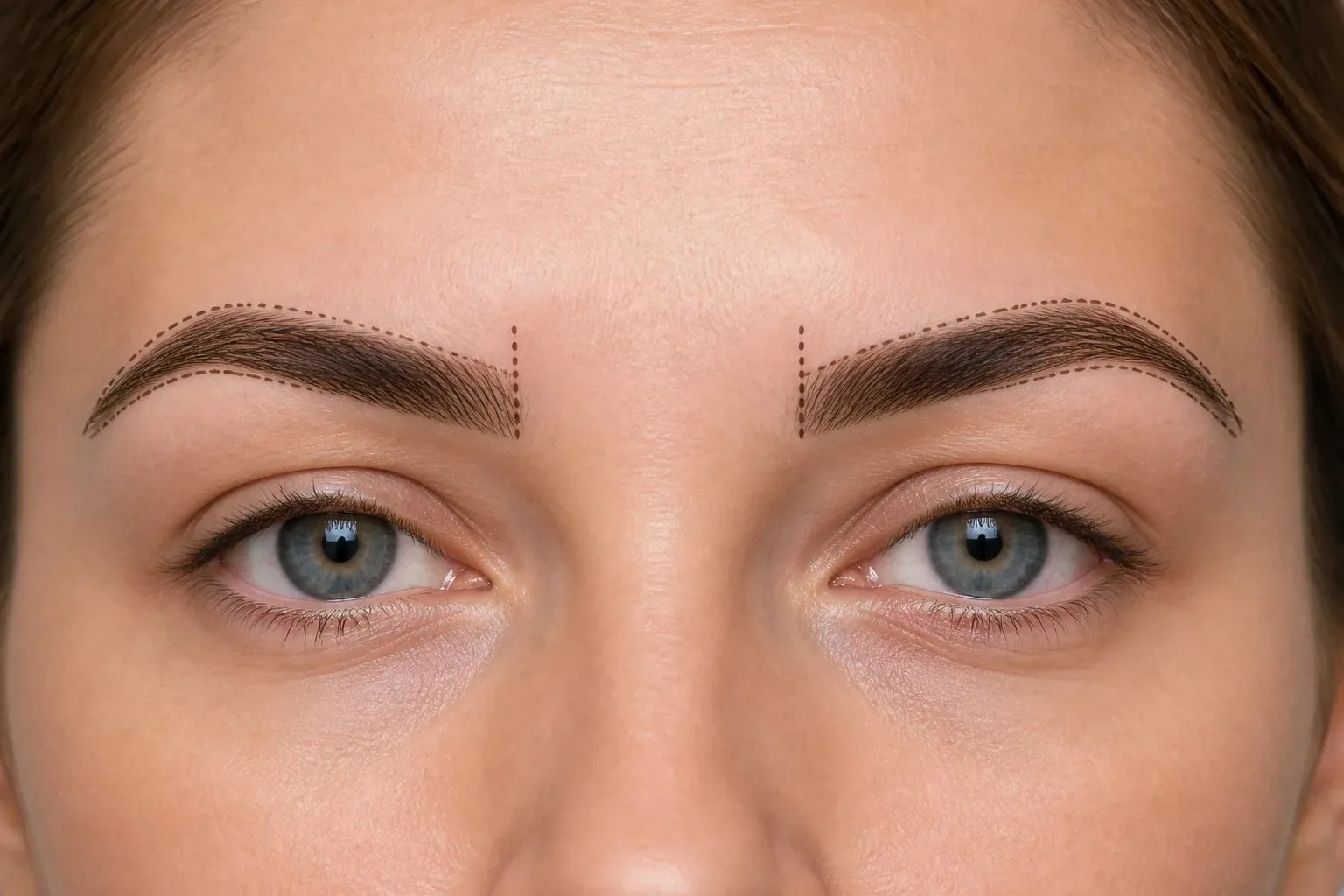 Natural eyebrows with subtle mapping marks showing the brow start, arch, and tail direction.