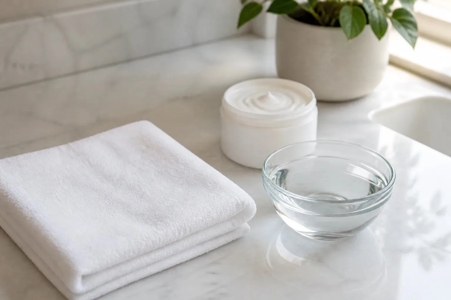 Clean cool cloth, water bowl, and plain moisturizer arranged for gentle brow aftercare.